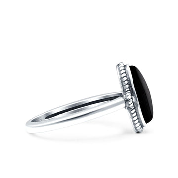 Vintage Style Petite Dainty Simulated Black Onyx Ring Solid Oval Oxidized 925 Sterling Silver